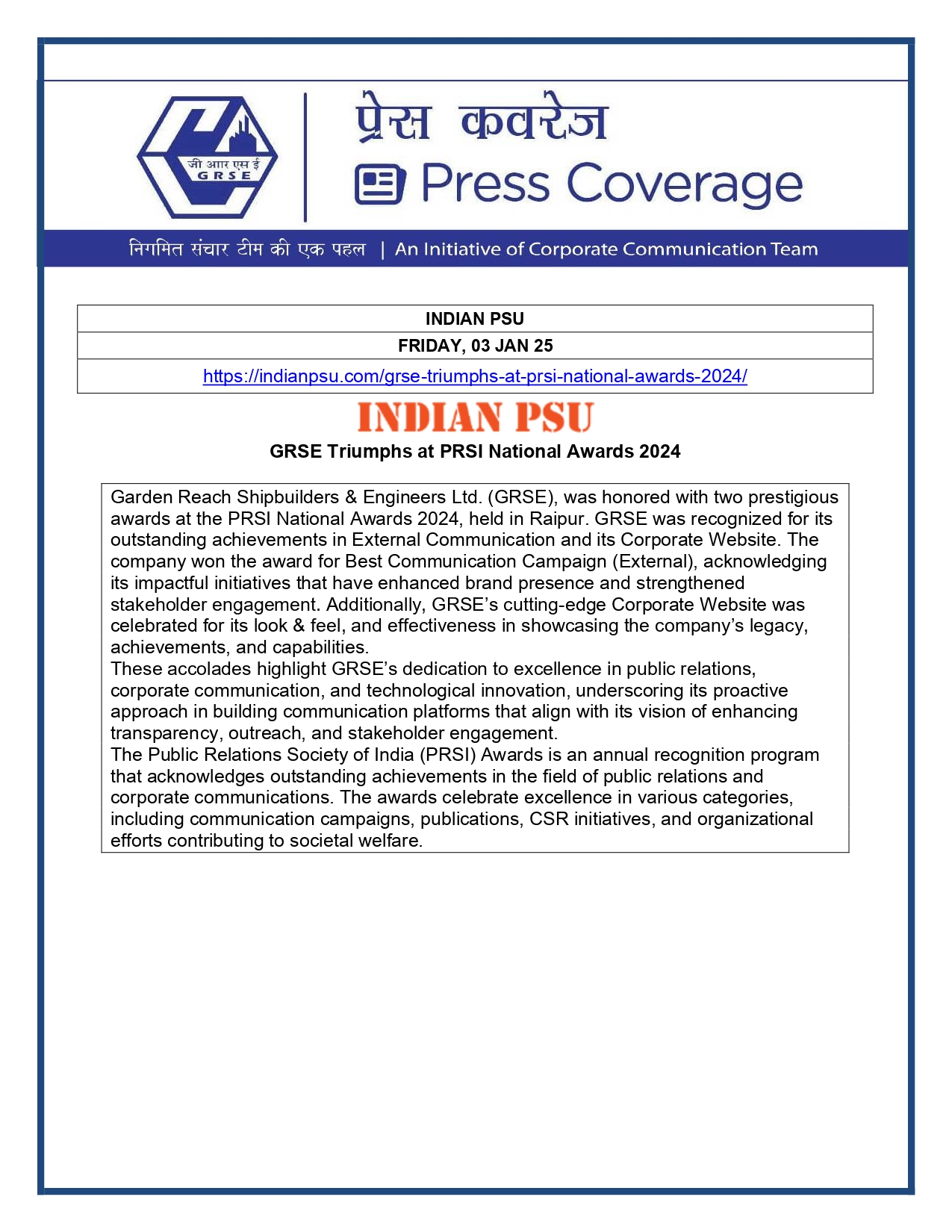 Press Coverage : Indian PSU, 03 Jan 25 : GRSE Triumphs at PRSI National Awards